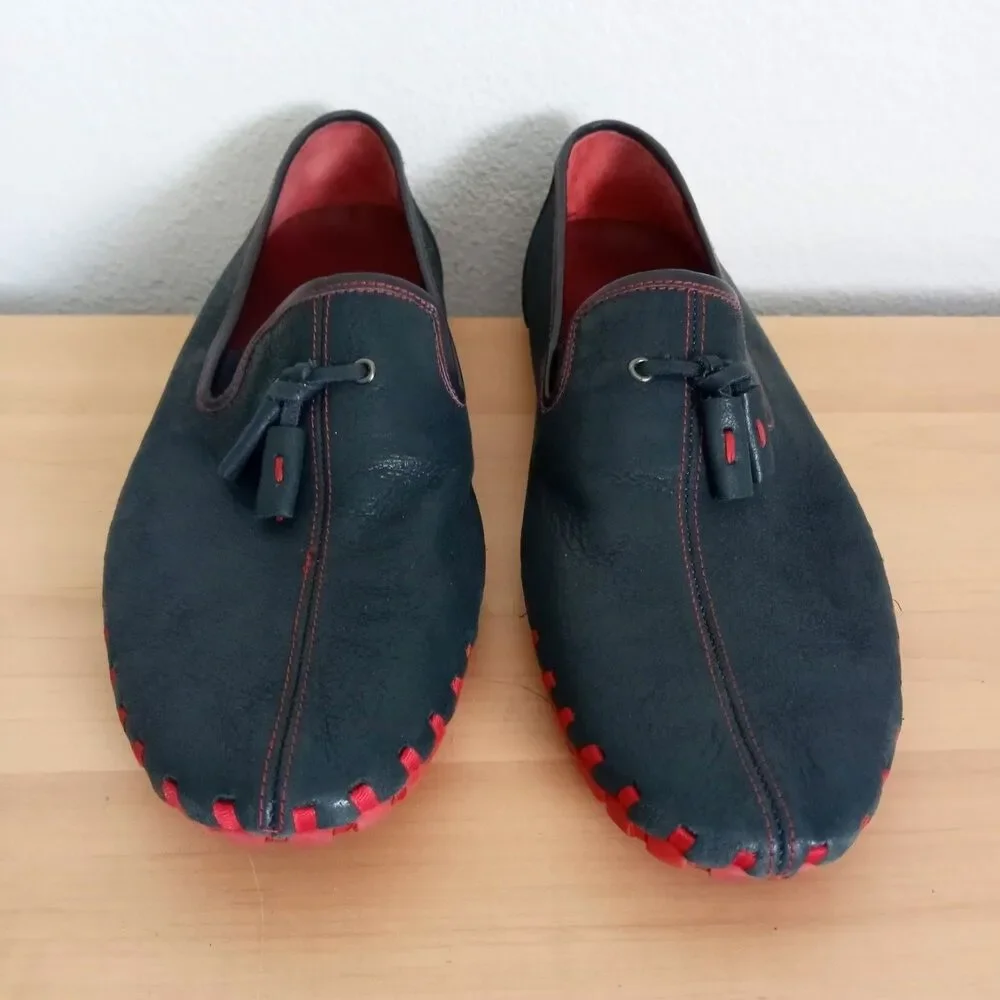 Andrew Leather Loafers Suction Slip Resistant Sole SZ 10 * 43 Blue Red Slip Ons
